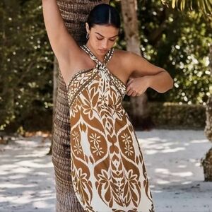 Anthropologie Vineet Bahl Halter Maxi Dress Women Brown Floral Preppy Sz XS